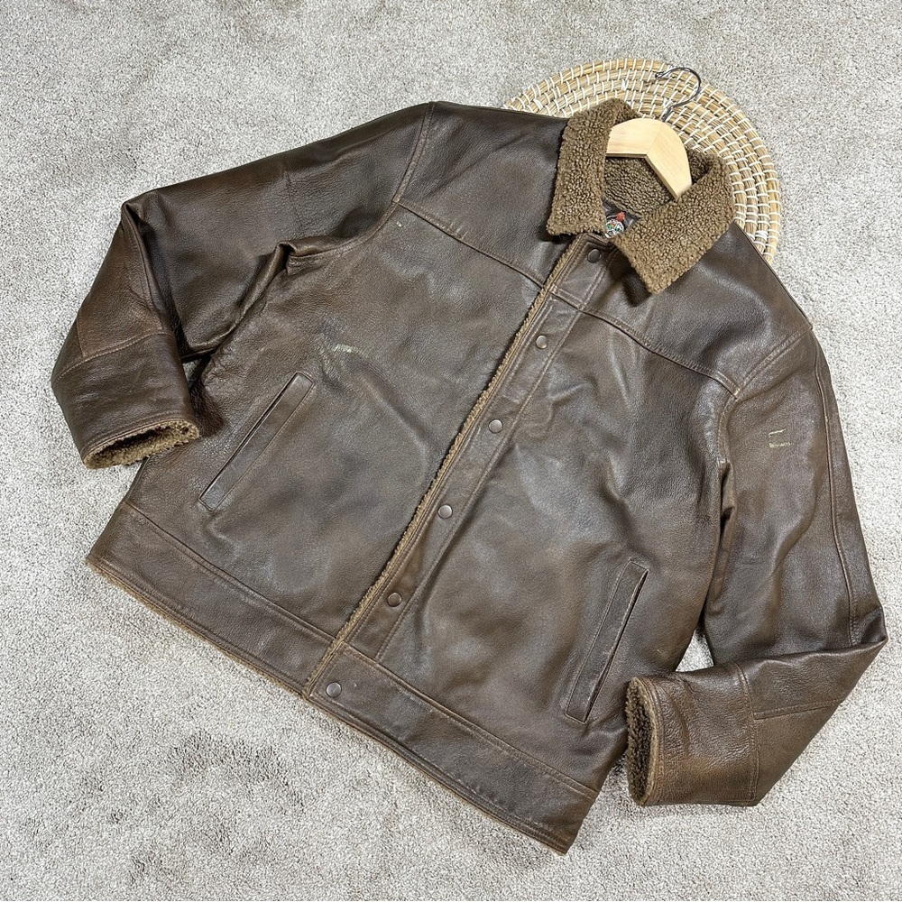 City of Farmington Men’s Genuine Leather Sherpa Lined Jacket Coat Barn Brown M
